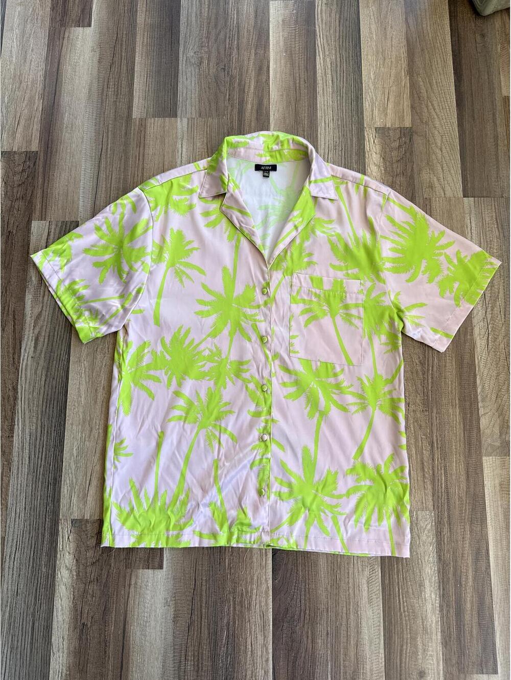 AFRM Frieda Palm Print Camp Shirt Medium Pink Green Tropical Button Up